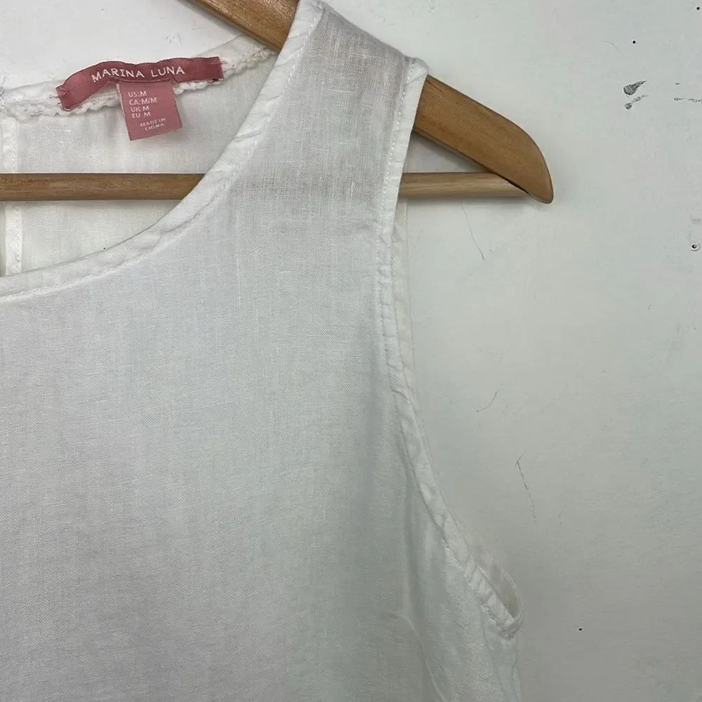 Marina Luna Linen White Crochet Trim Sleeveless Top size Medium - Picture 5 of 13